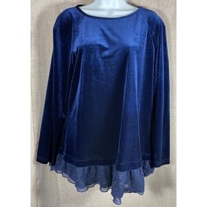sundance womens large dark‎ navy velvet long sleeve lace top blouse shirt